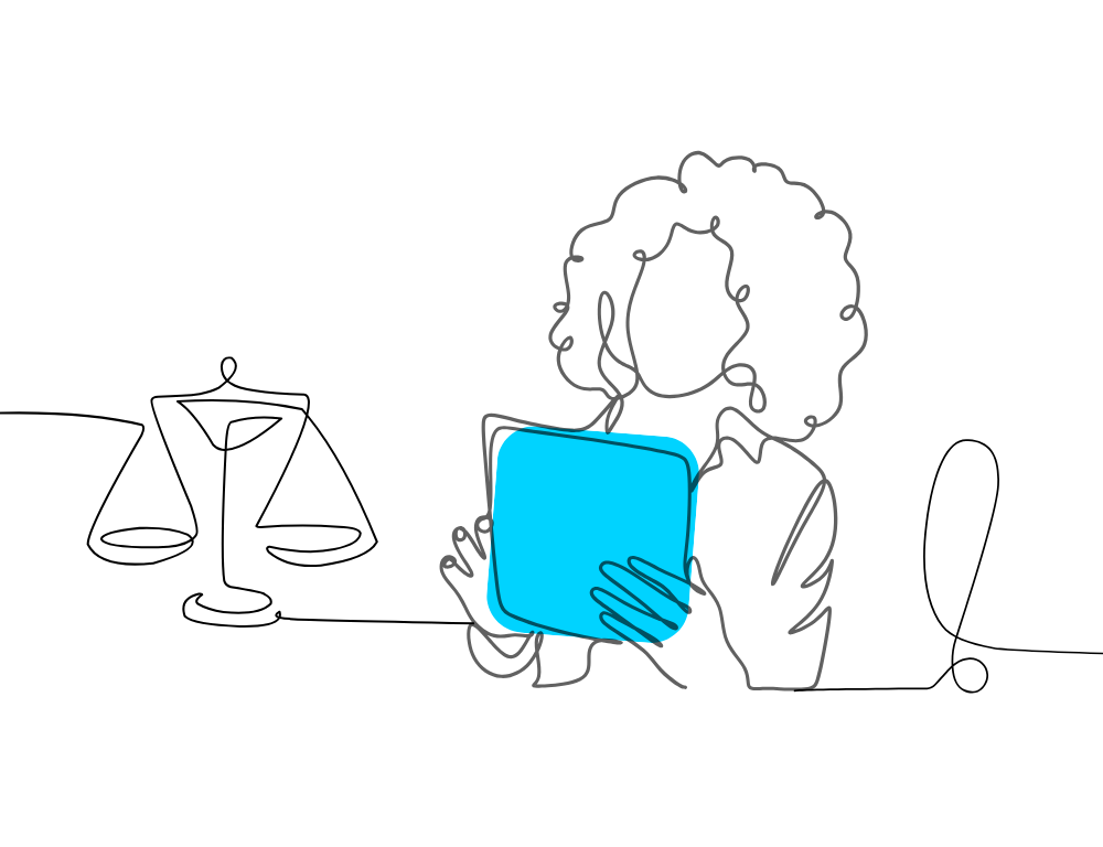 Balance du droit, femme qui regarde un document et un point d'exclamation pour indiquer exigences à maîtriser pour un mémoire d’appel conforme