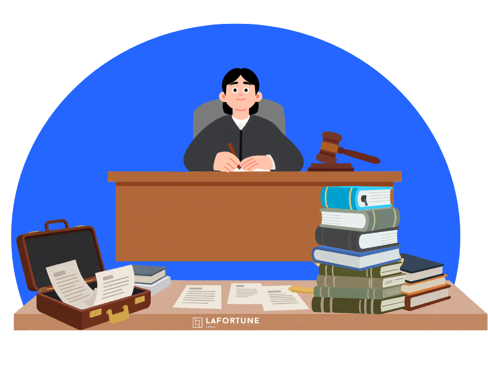 Banc du juge et table des parties avec plusieurs documents signés Lafortune